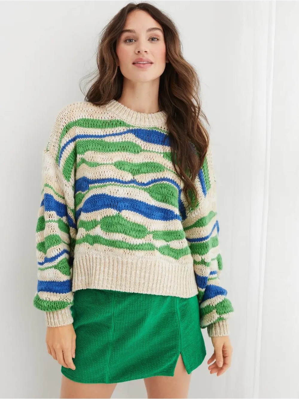 aerie Cream Sweater with Blue & Green Wave Stripes